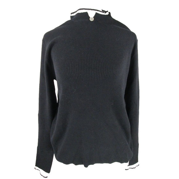Black Knit Sweater M commense Pearl Neck Cuff White Acrylic Elastane NWT 23-282 - Picture 1 of 12